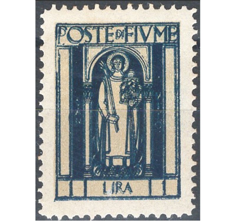 Terre Redente - Fiume - 1923 - S. Vito e soggetti vari 1 £ azzurro con doppia stampa, n° 198b. Cat. € 110 (*)