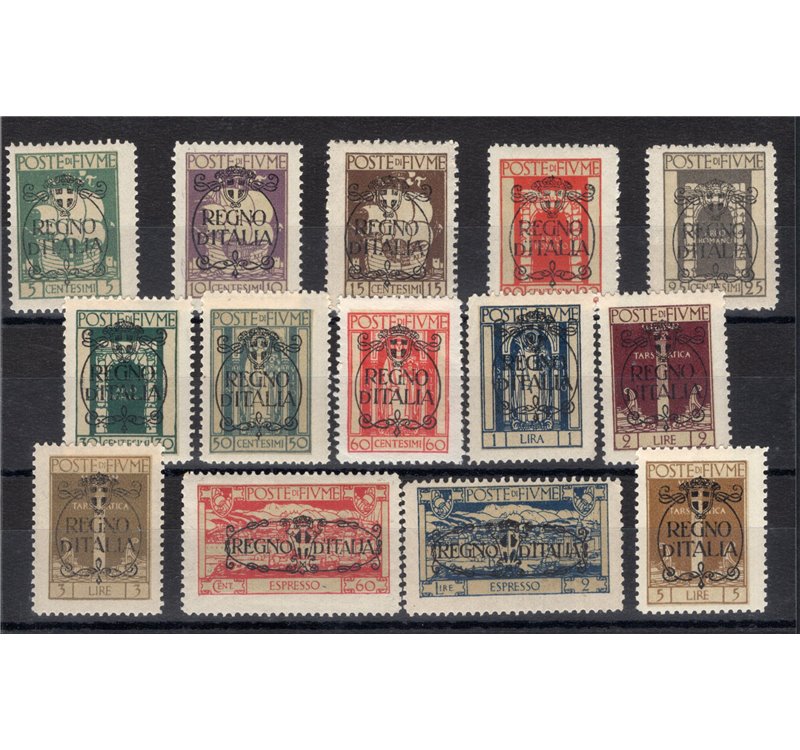Terre Redente - Fiume - 1924 - S. Vito e soggetti vari soprast., serie n° 202/13 + Ex 9/10. Cert.: Biondi. Cat. € 775 (U)