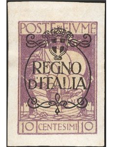 Terre Redente - Fiume - 1924 - S. Vito e soggetti vari 10 c. violetto non dent. e con soprast. "Regno d'Italia", non catalogato 