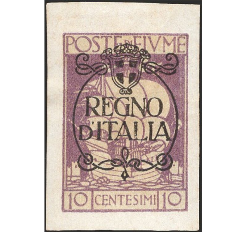 Terre Redente - Fiume - 1924 - S. Vito e soggetti vari 10 c. violetto non dent. e con soprast. "Regno d'Italia", non catalogato 
