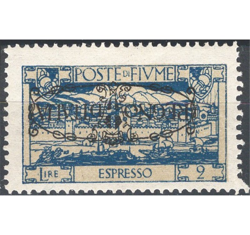 Terre Redente - Fiume - 1924 - S. Vito e soggetti vari espresso 2 £ azzurro con soprast. "Regno d'Italia", n° 10e (*)