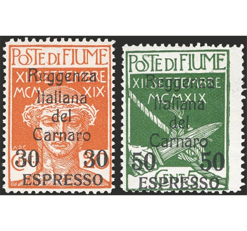 Terre Redente - Fiume - 1920 - Espressi Reggenza del Carnaro soprast., serie n° 3/4. Cert.: Biondi. Cat. € 2.500 (**)