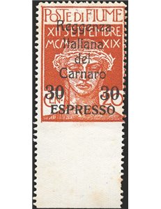 Terre Redente - Fiume - 1920 - Espressi Reggenza del Carnaro 30 c. su 20 non dent. in basso con bordo di foglio integrale, n° 3e