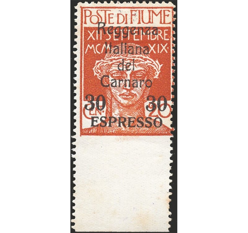 Terre Redente - Fiume - 1920 - Espressi Reggenza del Carnaro 30 c. su 20 non dent. in basso con bordo di foglio integrale, n° 3e