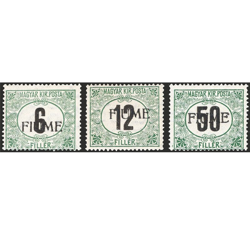 Terre Redente - Fiume - 1918/19 - Segnatasse di Ungheria filigrana “C” con soprast. a macchina “FIUME”, serie n° C1/C3. Firm.: G