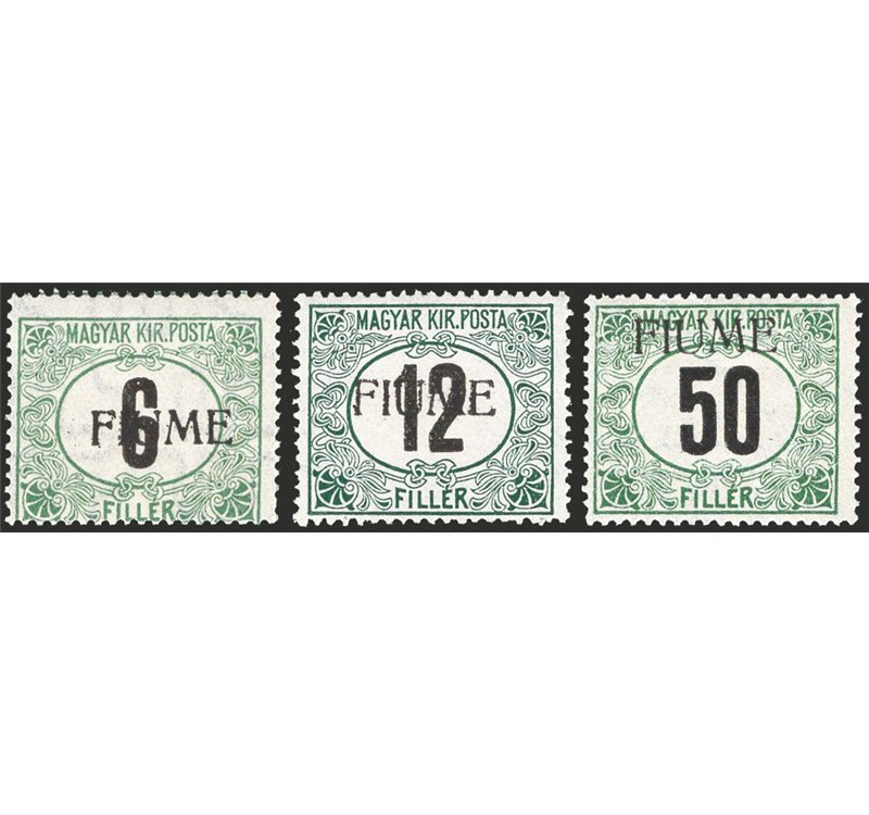 Terre Redente - Fiume - 1918/19 - Segnatasse di Ungheria soprast. a macchina “FIUME”, serie n° C1+B2+C3. Cert.: Raybaudi (x2). C