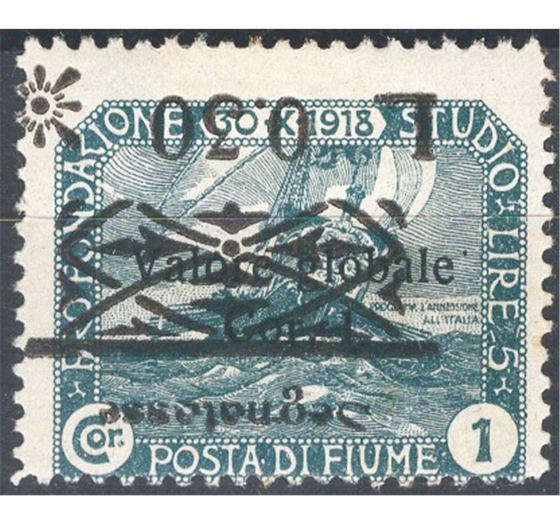 Terre Redente - Fiume - 1921 - Segnatasse Fondazione Studio L. 0,30 su 1 c. ardesia con soprast. capovolta, n° 20c. Cat. € 150 (
