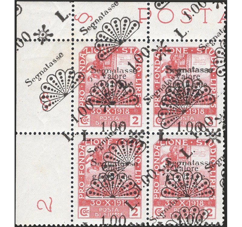Terre Redente - Fiume - 1921 - Segnatasse Fondazione Studio L. 1 su 2 c. rosa bruno in quartina angolo di foglio con doppia sopr