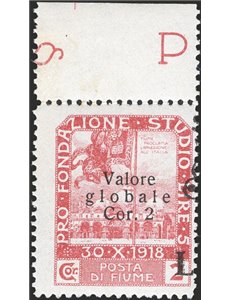 Terre Redente - Fiume - 1921 - Segnatasse Fondazione Studio 2 c. rosa bruno e soprast. solo "L" 1° fila del foglio del 1 £ su 2 