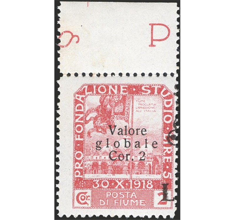 Terre Redente - Fiume - 1921 - Segnatasse Fondazione Studio 2 c. rosa bruno e soprast. solo "L" 1° fila del foglio del 1 £ su 2 