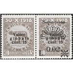 Terre Redente - Fiume - 1921 - Segnatasse Fondazione Studio L. 0,02 su 15 c. grigio bruno, coppia orizzontale di cui uno senza s