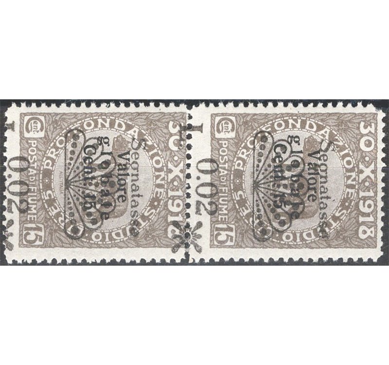 Terre Redente - Fiume - 1921 - Segnatasse Fondazione Studio L. 0,02 su 15 c. grigio bruno, coppia verticale con soprast. forteme