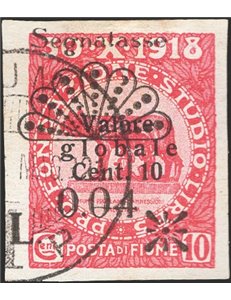 Terre Redente - Fiume - 1921 - Segnatasse Fondazione Studio L. 0,04 su 10 c. carminio non dent., non catalogato (n° 26). Cert.: 