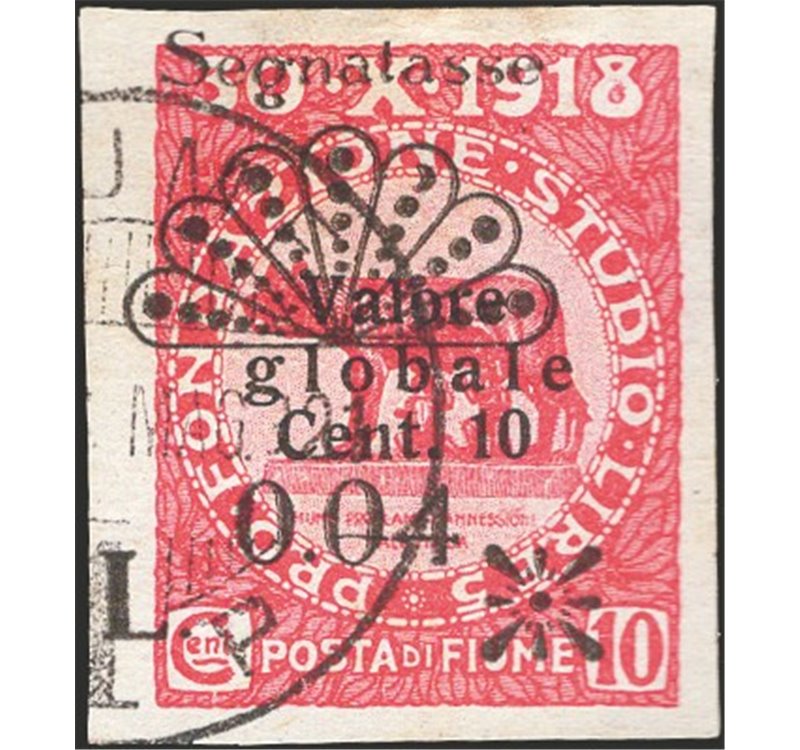 Terre Redente - Fiume - 1921 - Segnatasse Fondazione Studio L. 0,04 su 10 c. carminio non dent., non catalogato (n° 26). Cert.: 