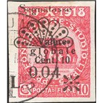 Terre Redente - Fiume - 1921 - Segnatasse Fondazione Studio L. 0,04 su 10 c. carminio non dent., non catalogato (n° 26). Cert.: 