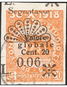Terre Redente - Fiume - 1921 - Segnatasse Fondazione Studio L. 0,06 su 20 c. non dent., non catalogato (n° 28). Cert.: IC (U)