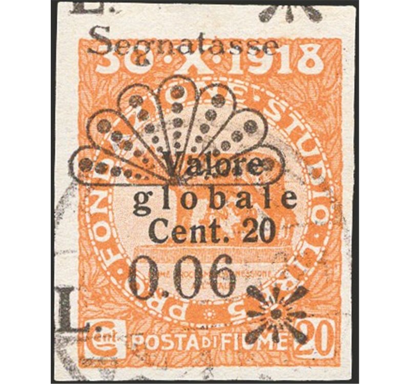 Terre Redente - Fiume - 1921 - Segnatasse Fondazione Studio L. 0,06 su 20 c. non dent., non catalogato (n° 28). Cert.: IC (U)