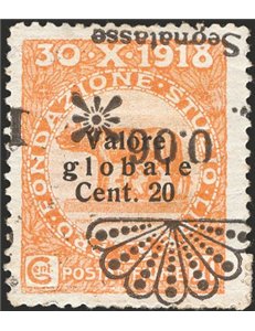 Terre Redente - Fiume - 1921 - Segnatasse Fondazione Studio L. 0,06 su 20 c. arancio con soprast. capovolta e fortemente spostat