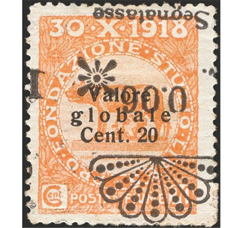 Terre Redente - Fiume - 1921 - Segnatasse Fondazione Studio L. 0,06 su 20 c. arancio con soprast. capovolta e fortemente spostat
