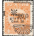 Terre Redente - Fiume - 1921 - Segnatasse Fondazione Studio L. 0,06 su 20 c. arancio con soprast. capovolta e fortemente spostat