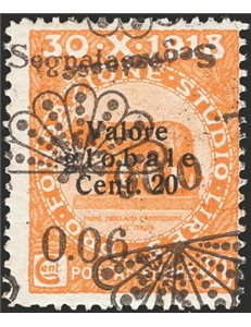 Terre Redente - Fiume - 1921 - Segnatasse Fondazione Studio L. 0,06 su 20 c. arancio con doppia soprast. di cui una capovolta, n