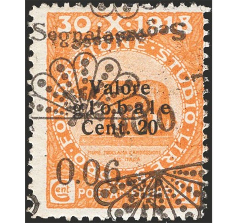 Terre Redente - Fiume - 1921 - Segnatasse Fondazione Studio L. 0,06 su 20 c. arancio con doppia soprast. di cui una capovolta, n