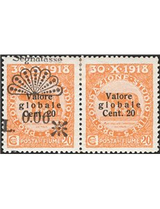 Terre Redente - Fiume - 1921 - Segnatasse Fondazione Studio L. 0,06 su 20 c. arancio coppia orizzontale di cui uno senza soprast