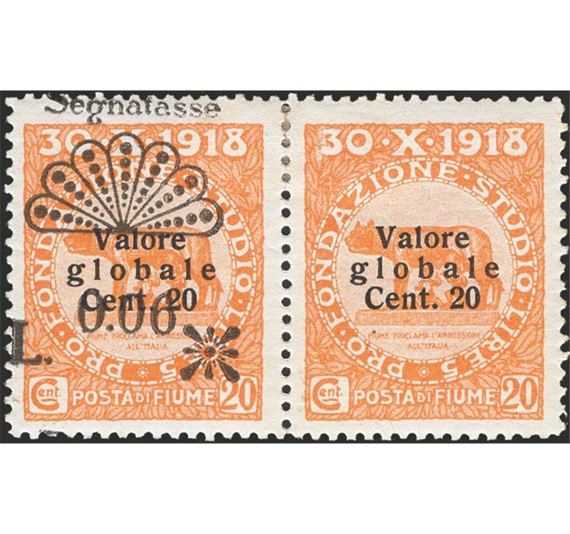 Terre Redente - Fiume - 1921 - Segnatasse Fondazione Studio L. 0,06 su 20 c. arancio coppia orizzontale di cui uno senza soprast