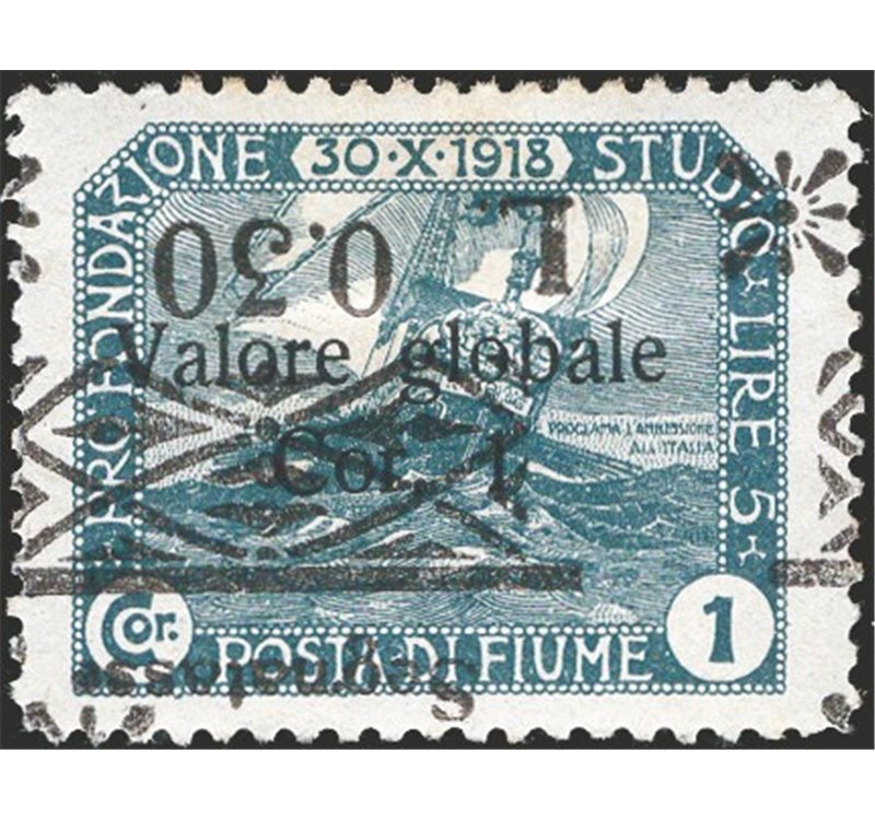 Terre Redente - Fiume - 1921 - Segnatasse Fondazione Studio L. 0,30 su 1 c. con soprast. capovolta, n° 31d. Cert.: IC. Cat. € 40