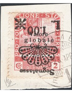 Terre Redente - Fiume - 1921 - Segnatasse Fondazione Studio L. 1,00 su 2 c. rosa bruno con soprast. capovolta su frammento, n° 3