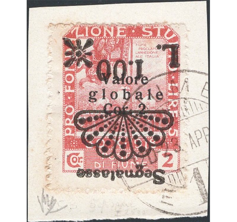 Terre Redente - Fiume - 1921 - Segnatasse Fondazione Studio L. 1,00 su 2 c. rosa bruno con soprast. capovolta su frammento, n° 3