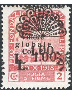 Terre Redente - Fiume - 1921 - Segnatasse Fondazione Studio L. 1,00 su 2 c. rosa bruno con doppia soprast., n° 35i. Cert.: IC. C
