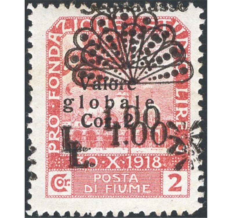 Terre Redente - Fiume - 1921 - Segnatasse Fondazione Studio L. 1,00 su 2 c. rosa bruno con doppia soprast., n° 35i. Cert.: IC. C