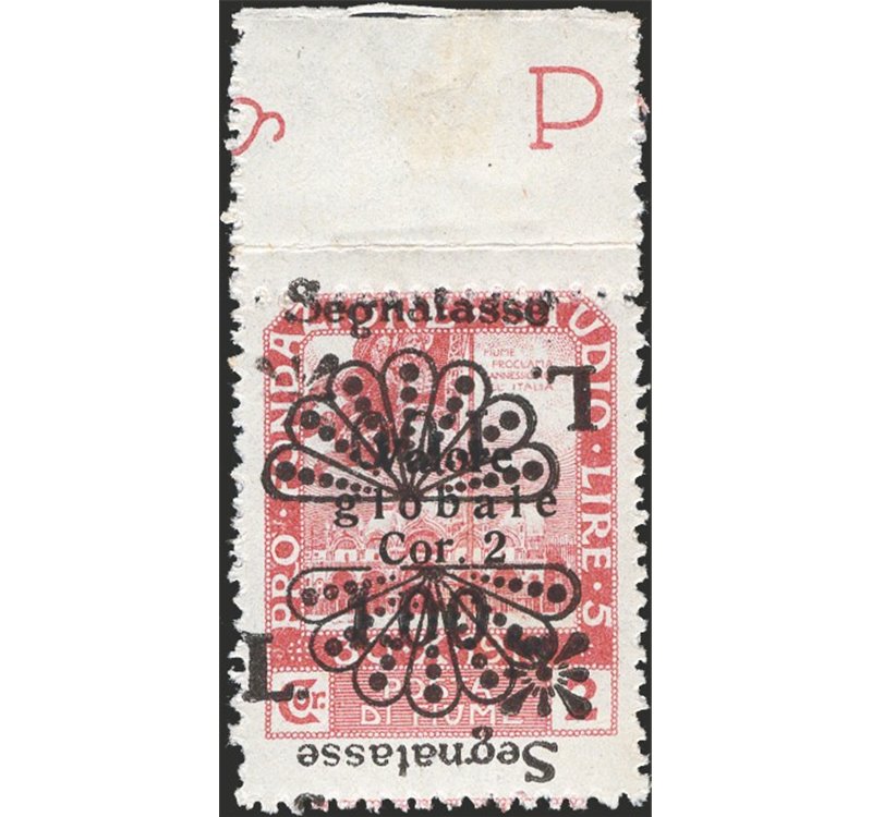 Terre Redente - Fiume - 1921 - Segnatasse Fondazione Studio L. 1,00 su 2 c. rosa bruno con doppia soprast. di cui una capovolta,