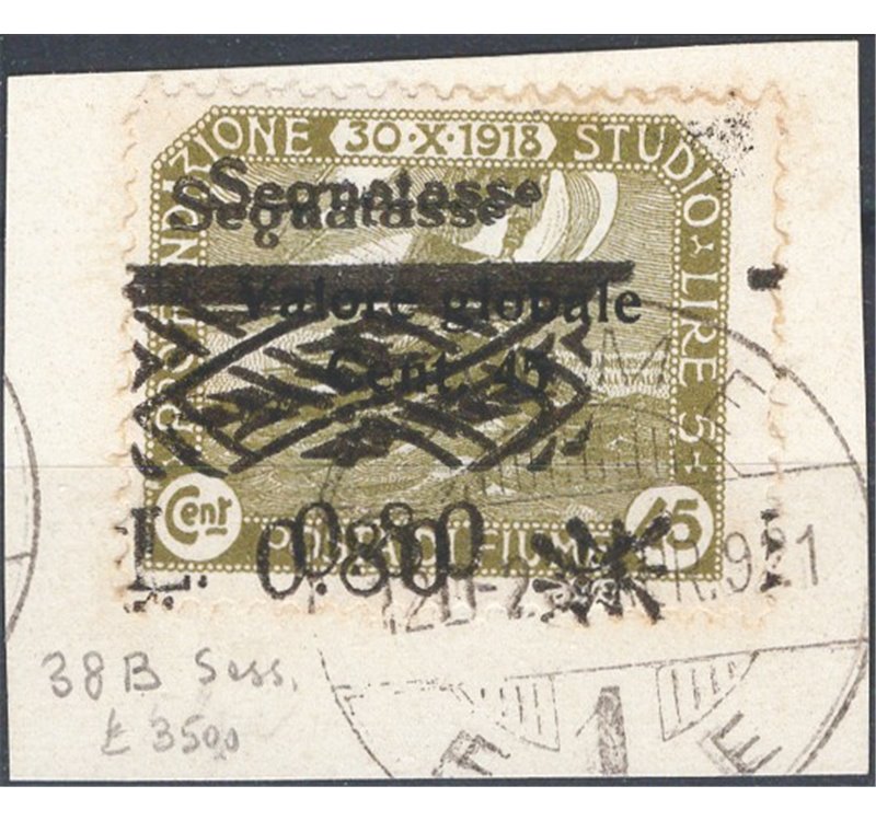 Terre Redente - Fiume - 1921 - Segnatasse Fondazione Studio L. 0,80 su 45 c. oliva con doppia soprast. su frammento, n° 38b. Cat