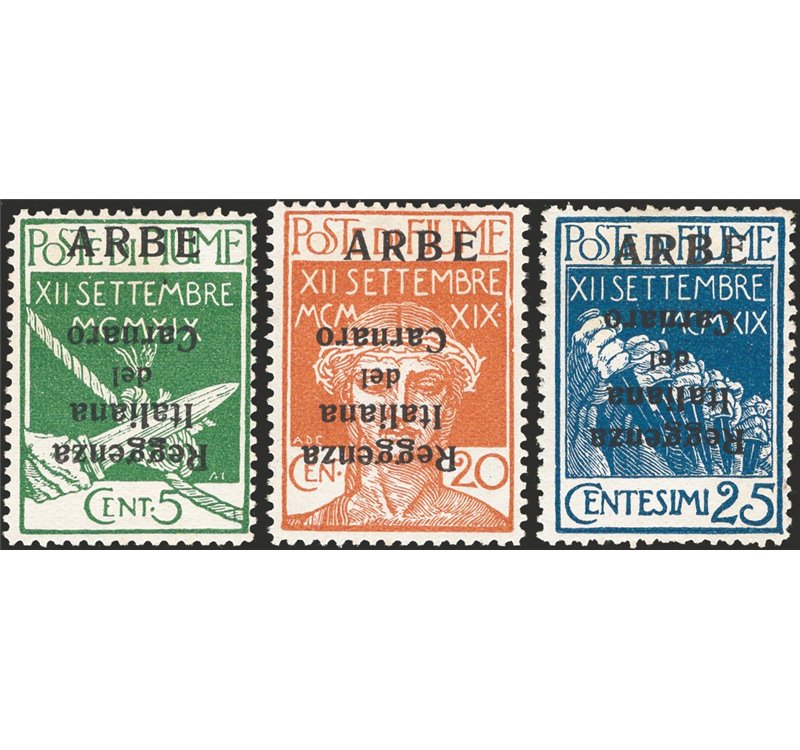Terre Redente - Fiume - Arbe - 1920 - Reggenza Italiana del Carnaro con soprast. capovolta, n° 1a + 3a + 4a. Cert.: IC. Cat. € 4