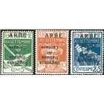 Terre Redente - Fiume - Arbe - 1920 - Reggenza Italiana del Carnaro con soprast. capovolta, n° 1a + 3a + 4a. Cert.: IC. Cat. € 4