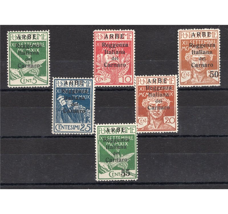 Terre Redente - Fiume - Arbe - 1920 - Reggenza Italiana del Carnaro soprast., serie n° 5/10. Cat. € 700 (*)