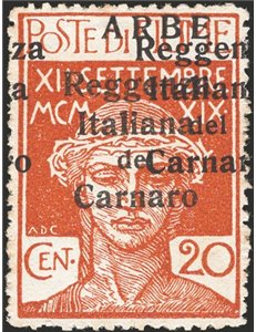 Terre Redente - Fiume - Arbe - 1920 - Reggenza Italiana del Carnaro 20 c. con doppia soprast. "Reggenza Italiana del Carnaro", n
