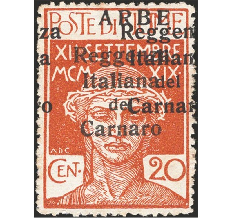 Terre Redente - Fiume - Arbe - 1920 - Reggenza Italiana del Carnaro 20 c. con doppia soprast. "Reggenza Italiana del Carnaro", n