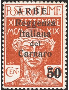 Terre Redente - Fiume - Arbe - 1920 - Reggenza Italiana del Carnaro 50 c. su 20 c. con doppia soprast. della cifra "50", n° 9g. 