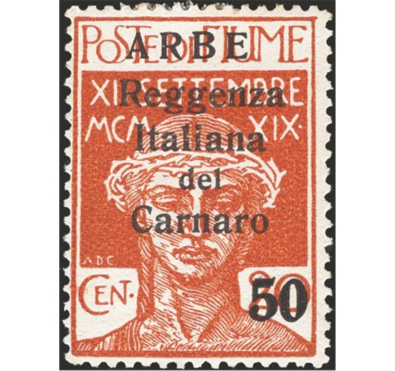 Terre Redente - Fiume - Arbe - 1920 - Reggenza Italiana del Carnaro 50 c. su 20 c. con doppia soprast. della cifra "50", n° 9g. 