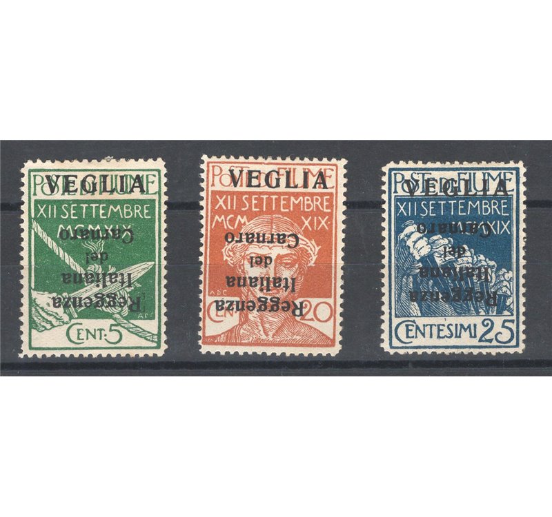 Terre Redente - Fiume - Veglia - 1920 - Reggenza Italiana del Carnaro con soprast. capovolta, n° 1b + 3b + 4b. Cert.: IC. Cat. €