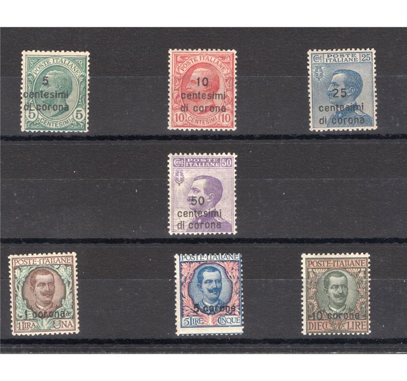 Terre Redente - Dalmazia - 1919/22 - Soprast., serie n° 1/8. Cert.: Biondi. Cat. € 700 (**)