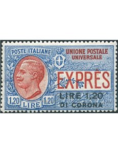 Terre Redente - Dalmazia - 1922 - Espresso 1,20 £ di corona su 1,20 £ soprast., n° 2 con ottima centratura. Cert.: Biondi. Cat. 