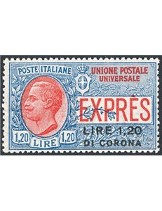Terre Redente - Dalmazia - 1922 - Espresso 1,20 £ su 1,20 £ di corona, n° 2. Cert.: IC. Cat. € 1.500 (**)