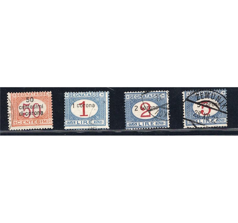 Terre Redente - Dalmazia - 1922 - Segnatasse soprast., serie n° 1/4. Cert.: IC. Cat. € 700 (U)