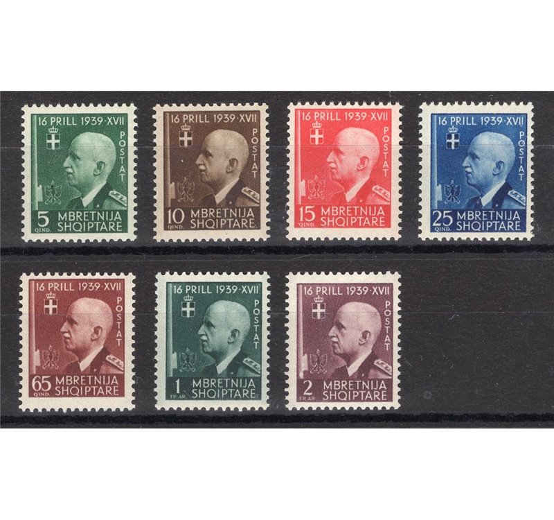 Occup. Italiane - Albania - 1942 - Unione Italo - Albanese, serie n° 30/36. Cert.: Biondi. Cat. € 400 (**)