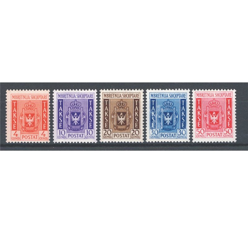 Occup. Italiane - Albania - 1940 - Segnatasse stemma albanese, serie n° 1/5. Cert.: IC. Cat. € 1.500 (**)