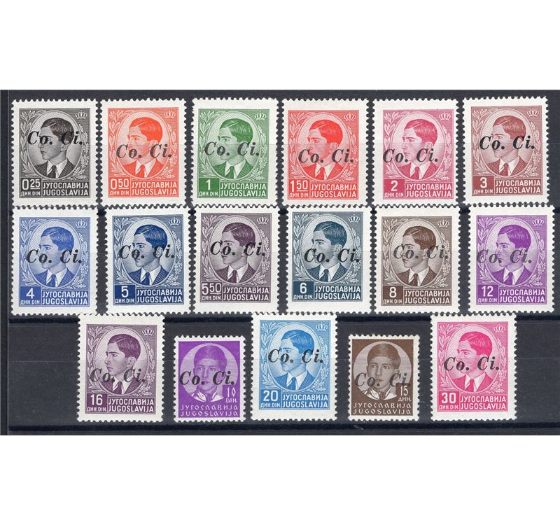 Occup. Italiane - Lubiana - 1941 - Francobolli di Jugoslavia Re Pietro soprast. "Co. Ci.", serie n° 1/17. Cert.: IC. Cat. € 1.87